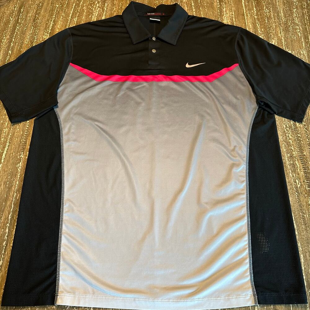 Nike Tiger Woods Collection Dri-Fit Golf Polo Shirt Black Gray Pink Men’s Size L